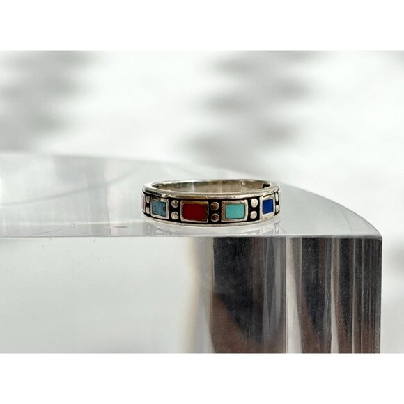 Mexican Inspired Multi Gemstone Square 925 Sterling Silver Vintage Ring - sz 6 - Picture 10 of 10
